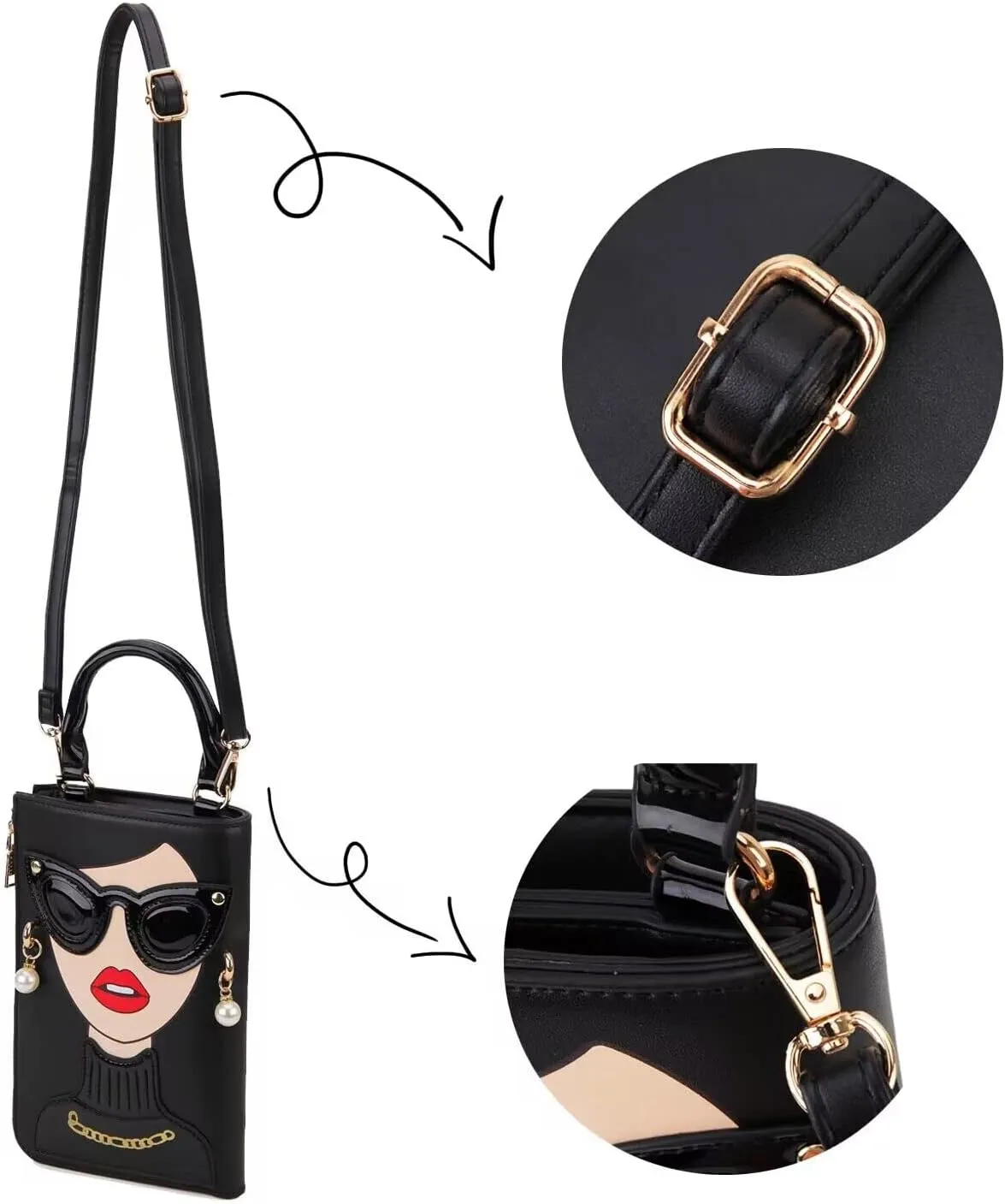 Women Novelty Lady Face Shoulder Bags Funky PU Leather Top Handle Satchel Handbags Clutch Purse for Women