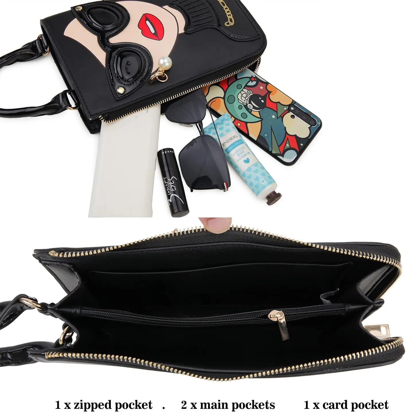 Women Novelty Lady Face Shoulder Bags Funky PU Leather Top Handle Satchel Handbags Clutch Purse for Women