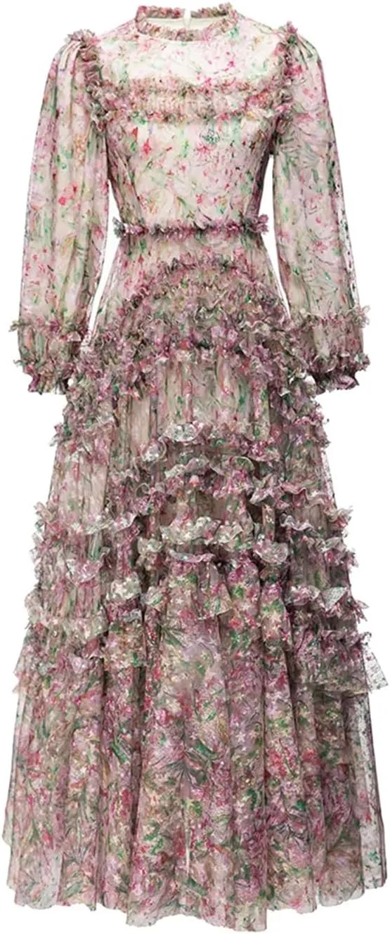 Women Print A-Line Dress Long Sleeve High Waist Print Cascad Ruffle Slim Fit Party Long Dress