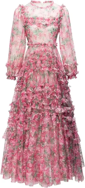 Women Print A-Line Dress Long Sleeve High Waist Print Cascad Ruffle Slim Fit Party Long Dress