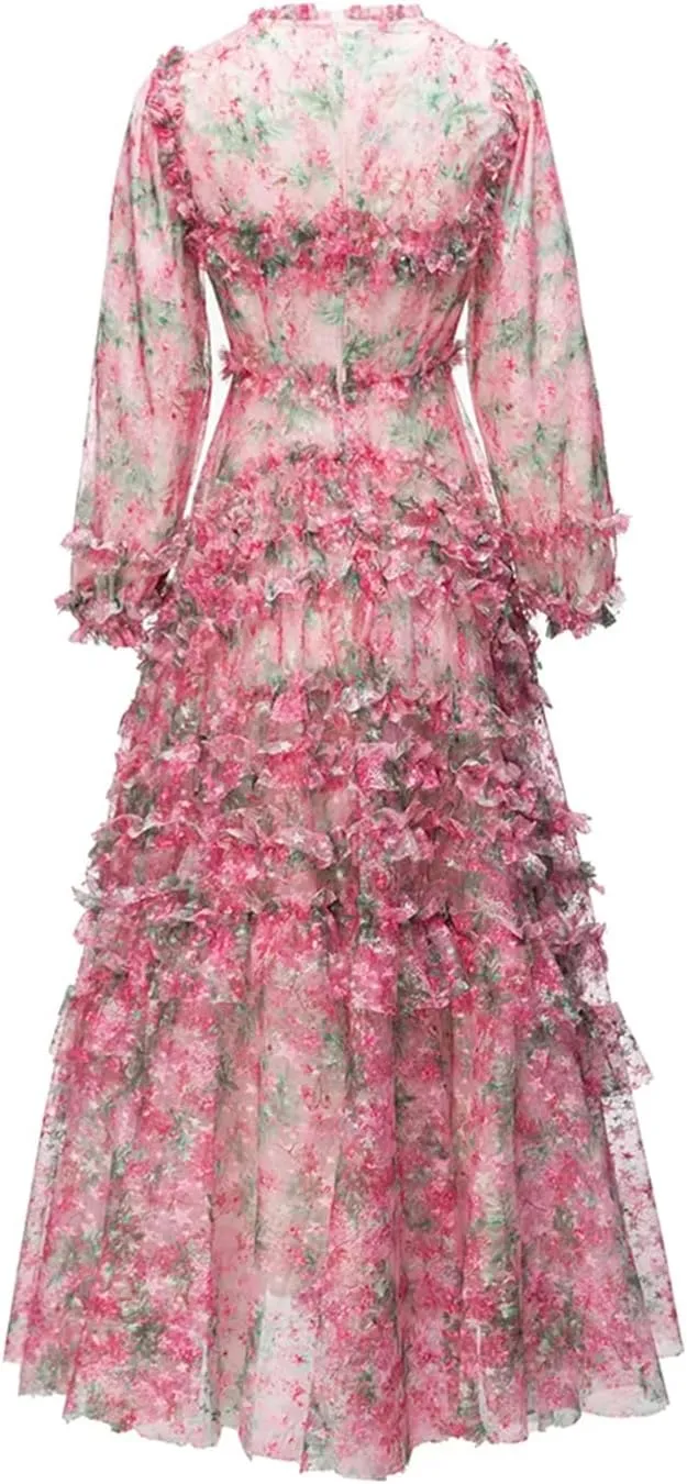 Women Print A-Line Dress Long Sleeve High Waist Print Cascad Ruffle Slim Fit Party Long Dress