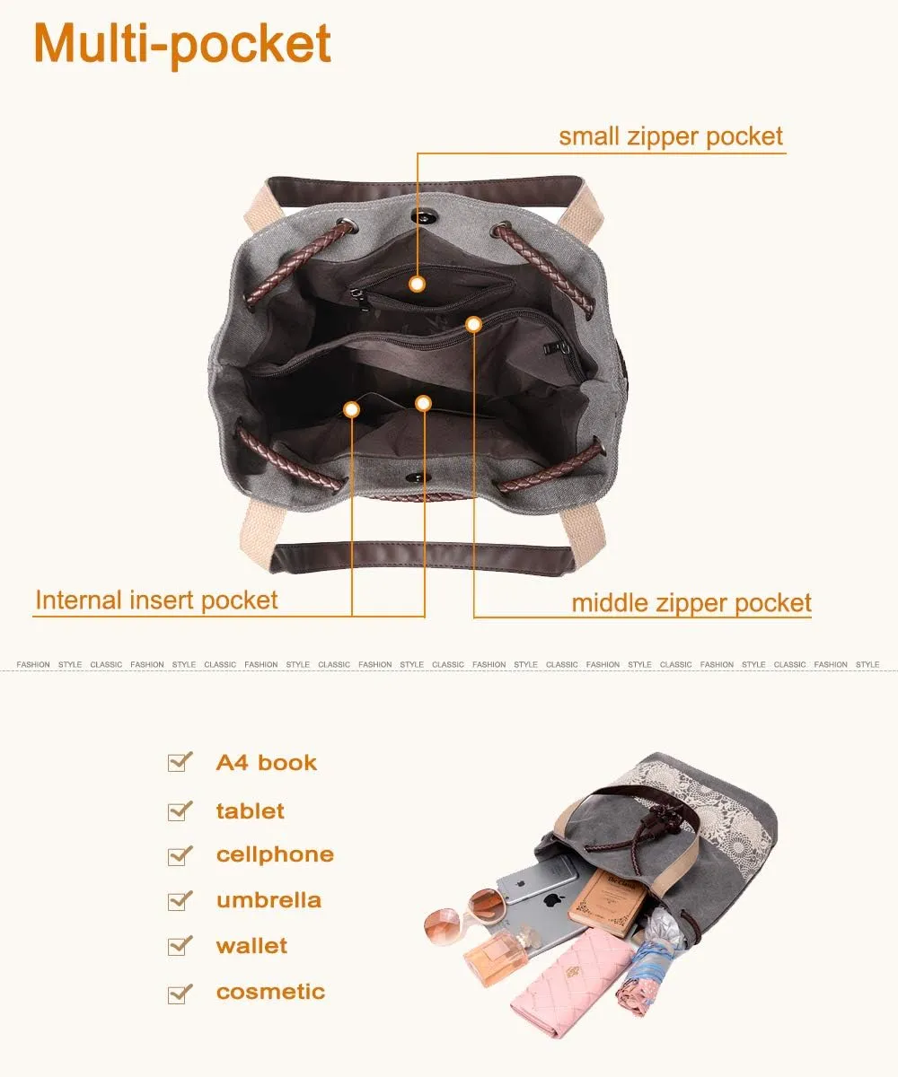 Women Printing Canvas Shoulder Bag Casual Handbags Purse Retro Tote