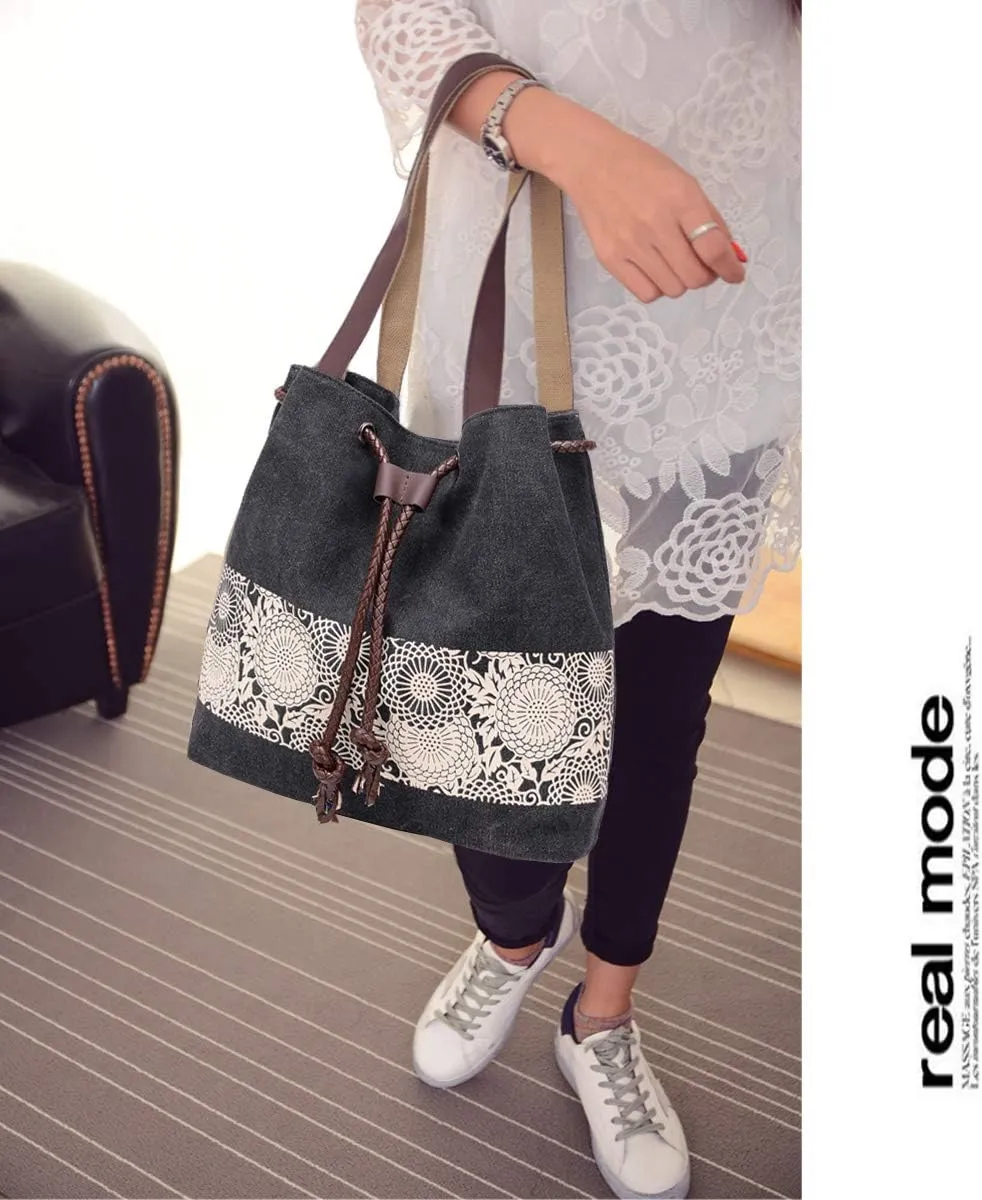 Women Printing Canvas Shoulder Bag Casual Handbags Purse Retro Tote