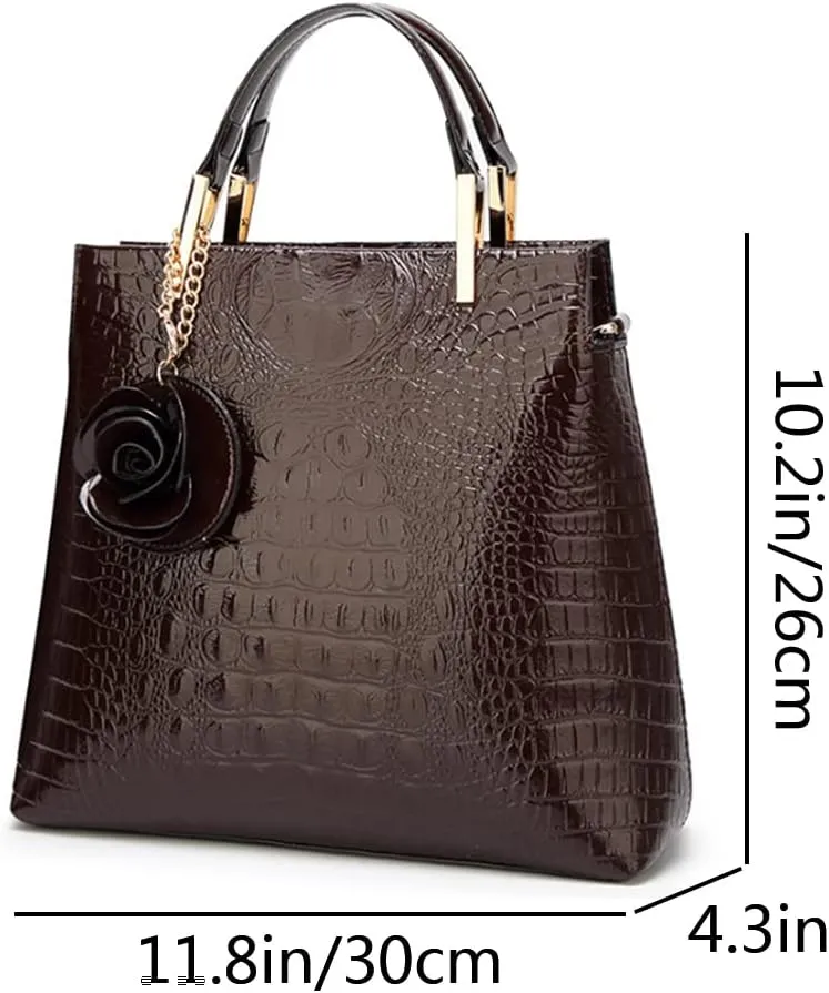 Women Satchel Top Handle Bags PU Leather Handbag Shoulder Bag Purse with Flower Pendant