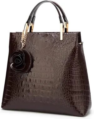 Women Satchel Top Handle Bags PU Leather Handbag Shoulder Bag Purse with Flower Pendant