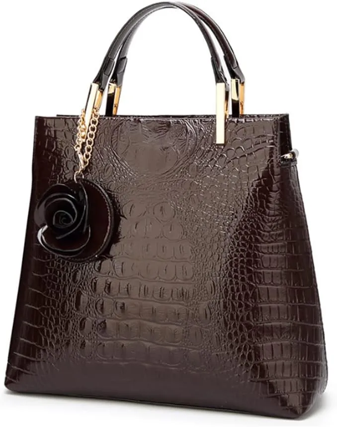 Women Satchel Top Handle Bags PU Leather Handbag Shoulder Bag Purse with Flower Pendant