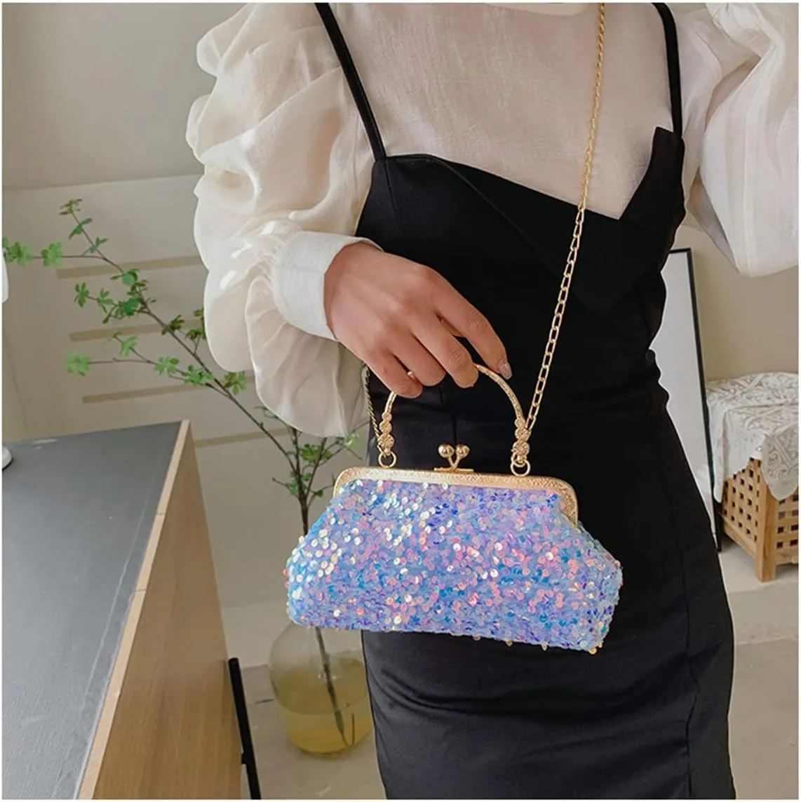 Women Sequins Evening Handbag Glitter Top Handle Purse Chain Cross-body Bag