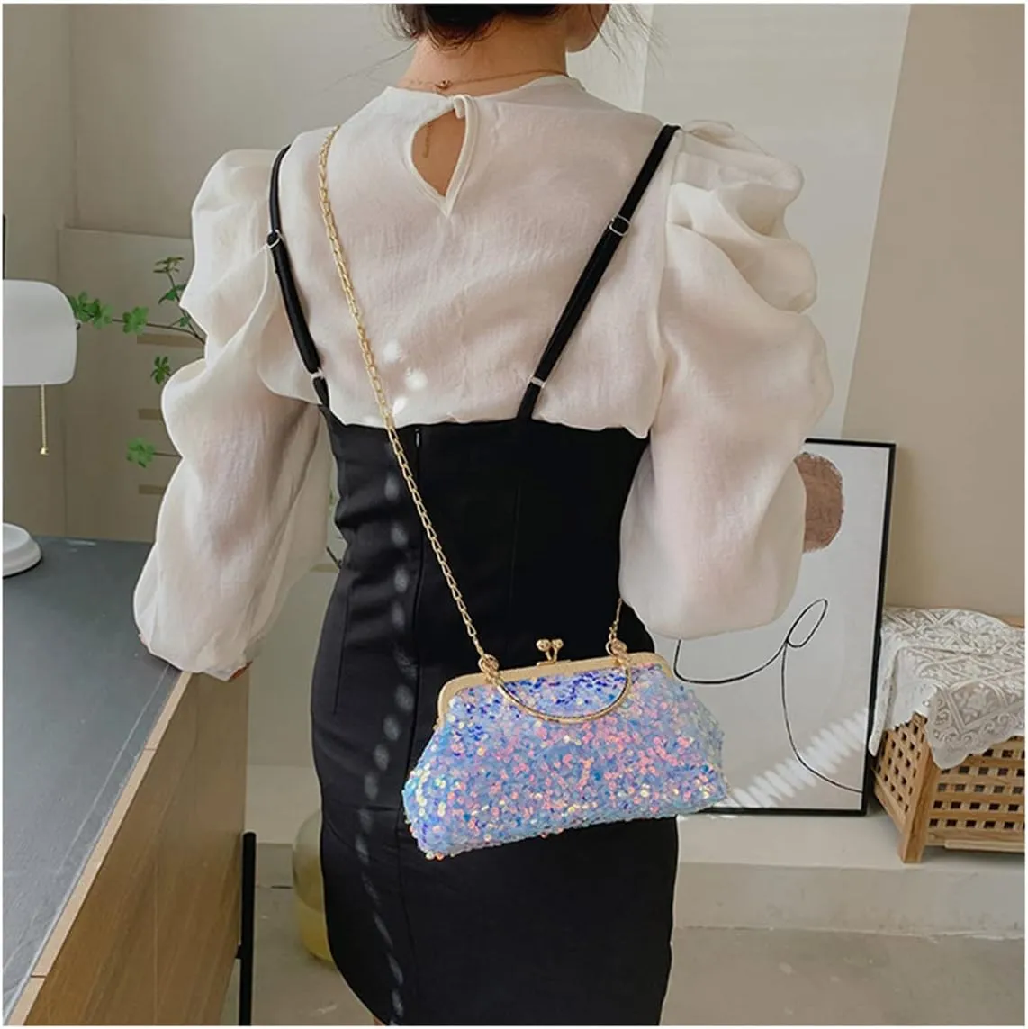 Women Sequins Evening Handbag Glitter Top Handle Purse Chain Cross-body Bag