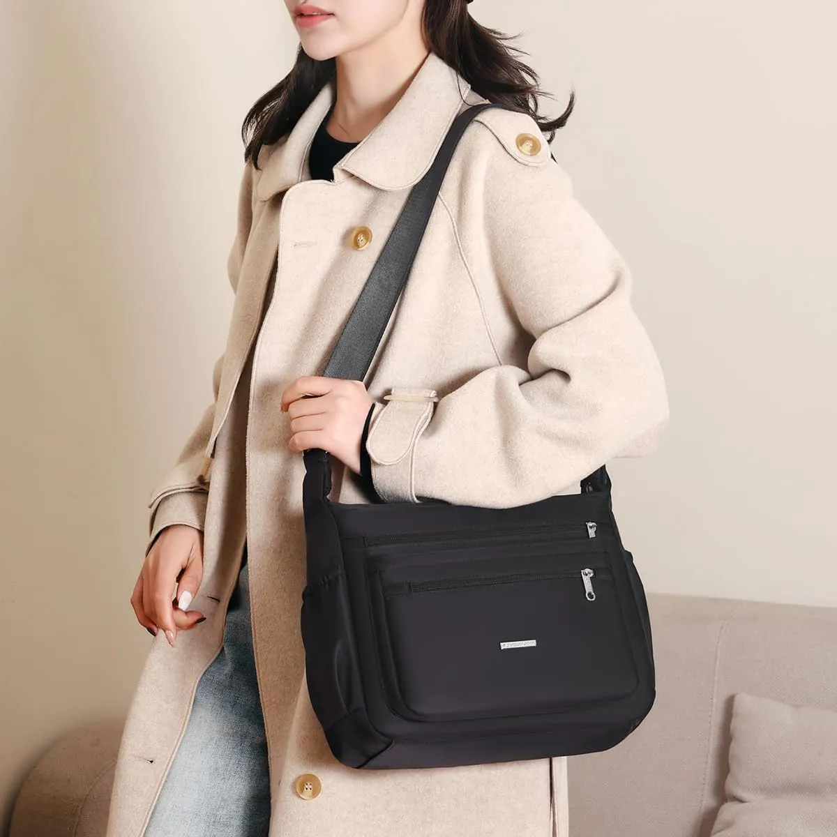 Women Shoulder Handbag Crossbody Bag Nylon Waterproof Roomy Multiple Pockets Bag Tote Top Handle Satchel