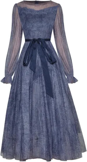 Women Solid Tulle Dress Crew Neck Long Sleeve Belt Printed High Waist Mesh A-Line Party Midi Dress