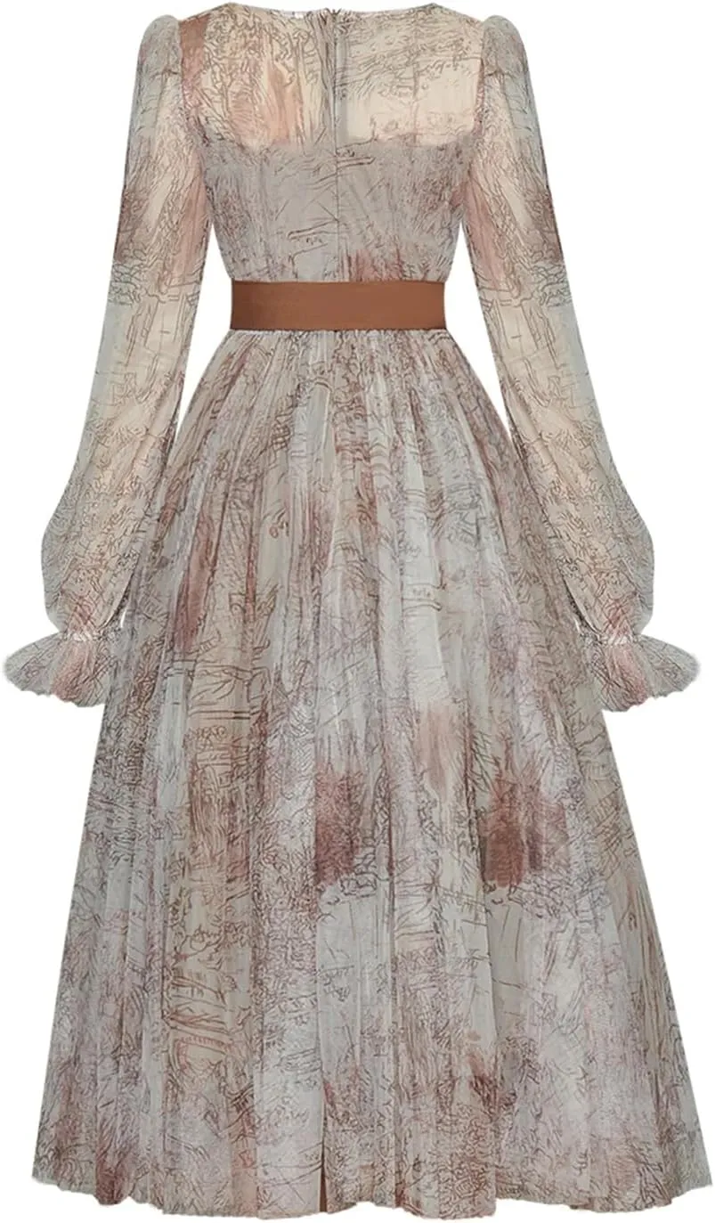 Women Solid Tulle Dress Crew Neck Long Sleeve Belt Printed High Waist Mesh A-Line Party Midi Dress