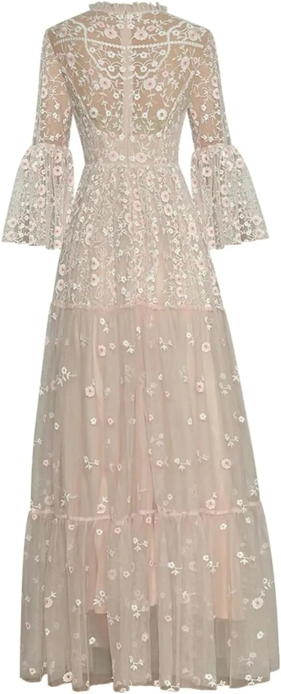 Women Stand Collar Flared Sleeves Dress Solid Sequins Nail Bead Mesh Embroidery Maxi Dresses