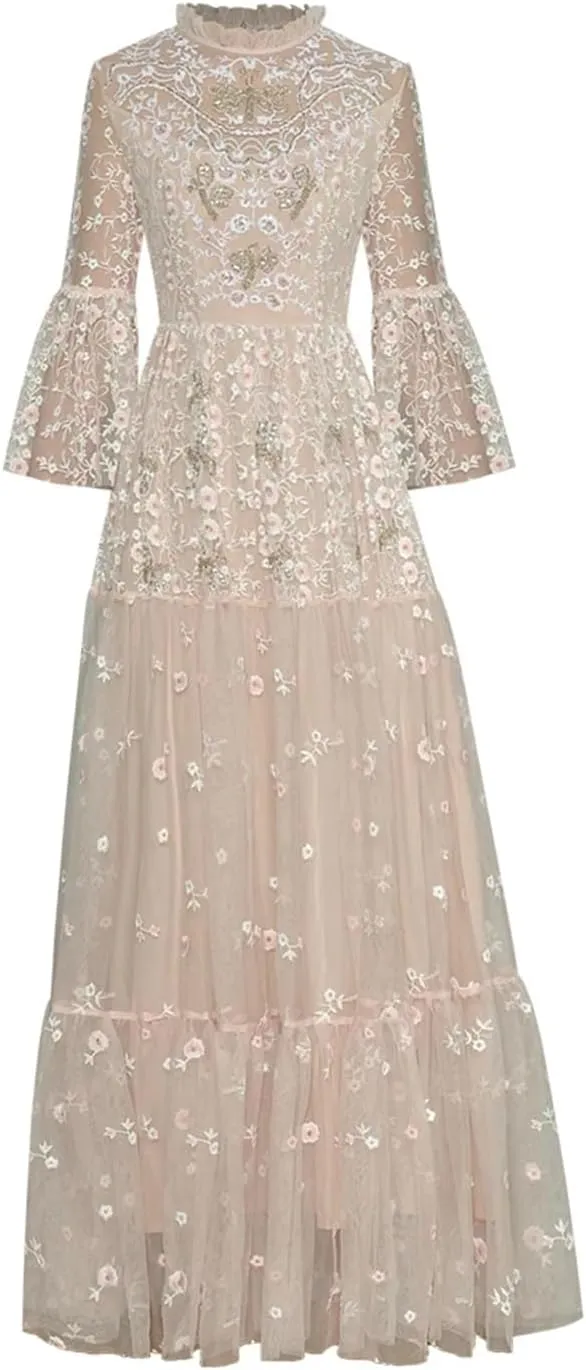 Women Stand Collar Flared Sleeves Dress Solid Sequins Nail Bead Mesh Embroidery Maxi Dresses