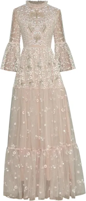 Women Stand Collar Flared Sleeves Dress Solid Sequins Nail Bead Mesh Embroidery Maxi Dresses