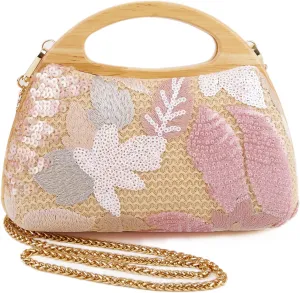 Women Straw Sequin Embroidered Flower Evening Handbag Clutch Purse Wooden Handle for Beach Holiday Party