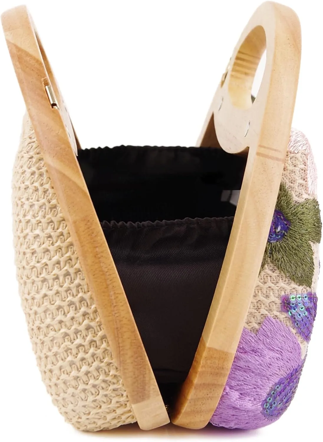 Women Straw Sequin Embroidered Flower Evening Handbag Clutch Purse Wooden Handle for Beach Holiday Party