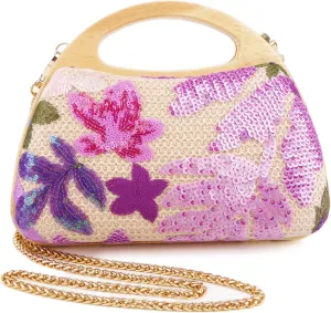 Women Straw Sequin Embroidered Flower Evening Handbag Clutch Purse Wooden Handle for Beach Holiday Party