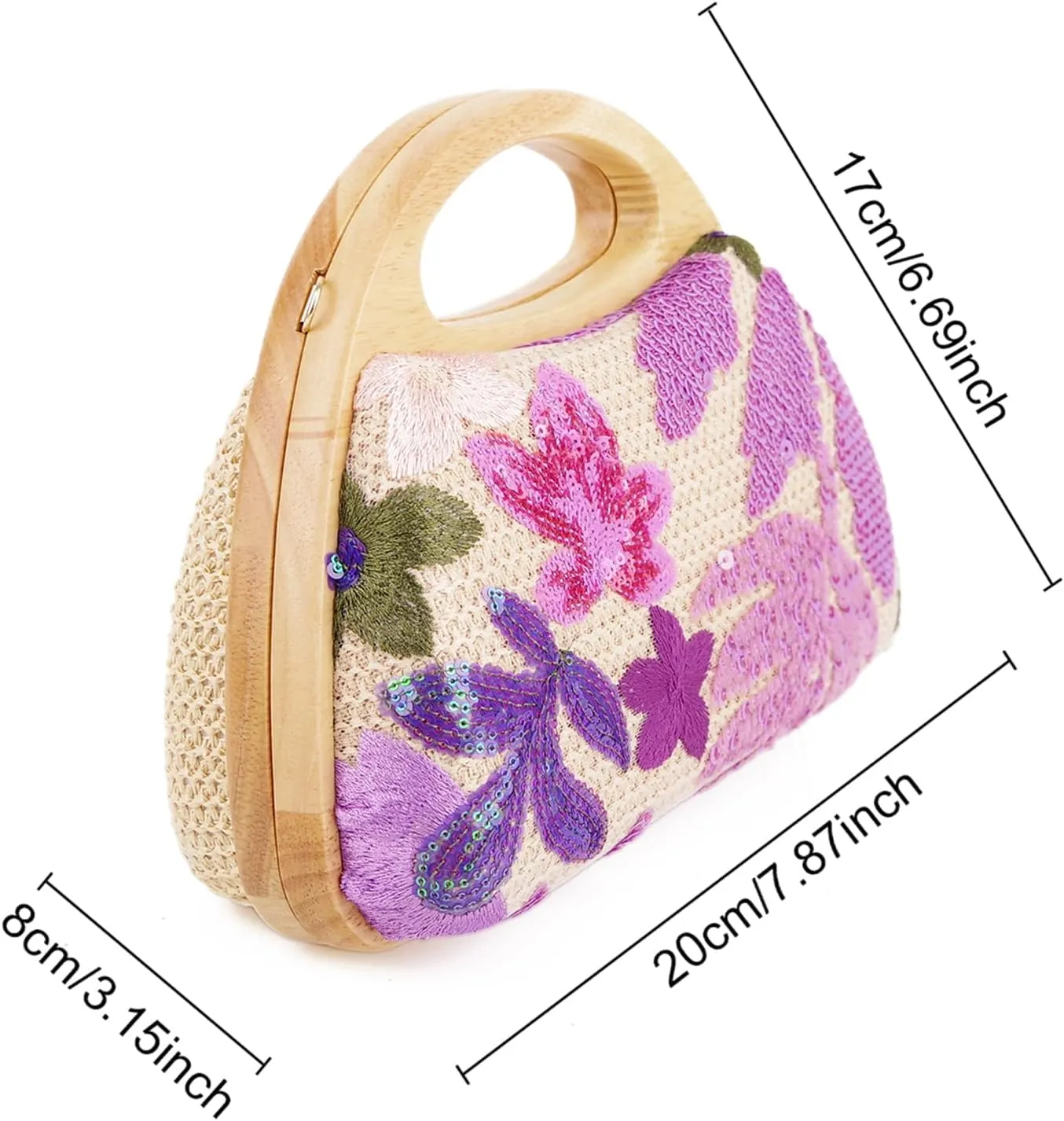 Women Straw Sequin Embroidered Flower Evening Handbag Clutch Purse Wooden Handle for Beach Holiday Party
