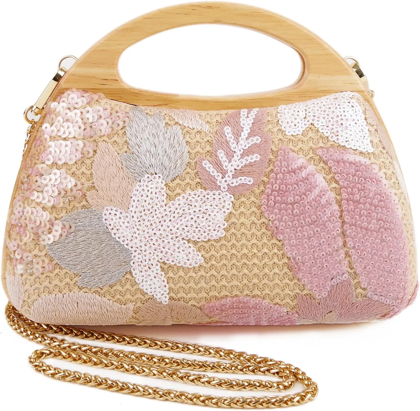 Women Straw Sequin Embroidered Flower Evening Handbag Clutch Purse Wooden Handle for Beach Holiday Party