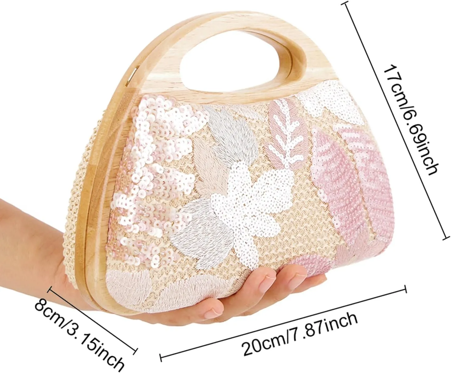 Women Straw Sequin Embroidered Flower Evening Handbag Clutch Purse Wooden Handle for Beach Holiday Party