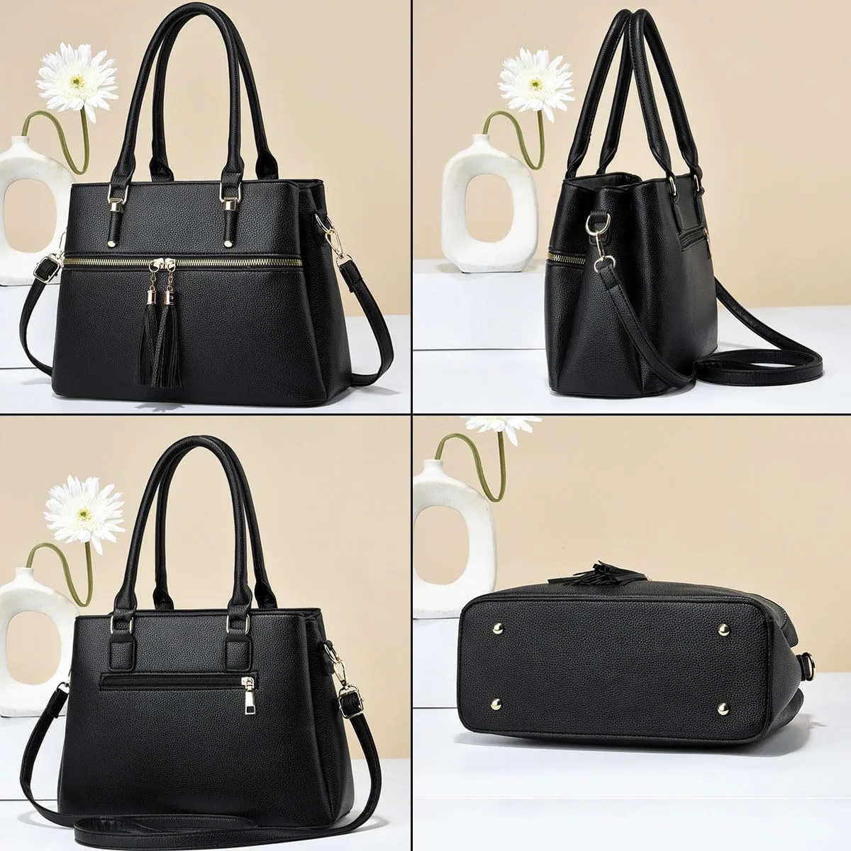 Women Tassels Satchel Bag Top-Handle Bag Shoulder Handbag and Purse Pockets Zipper Leather Crossbody Bag Tote