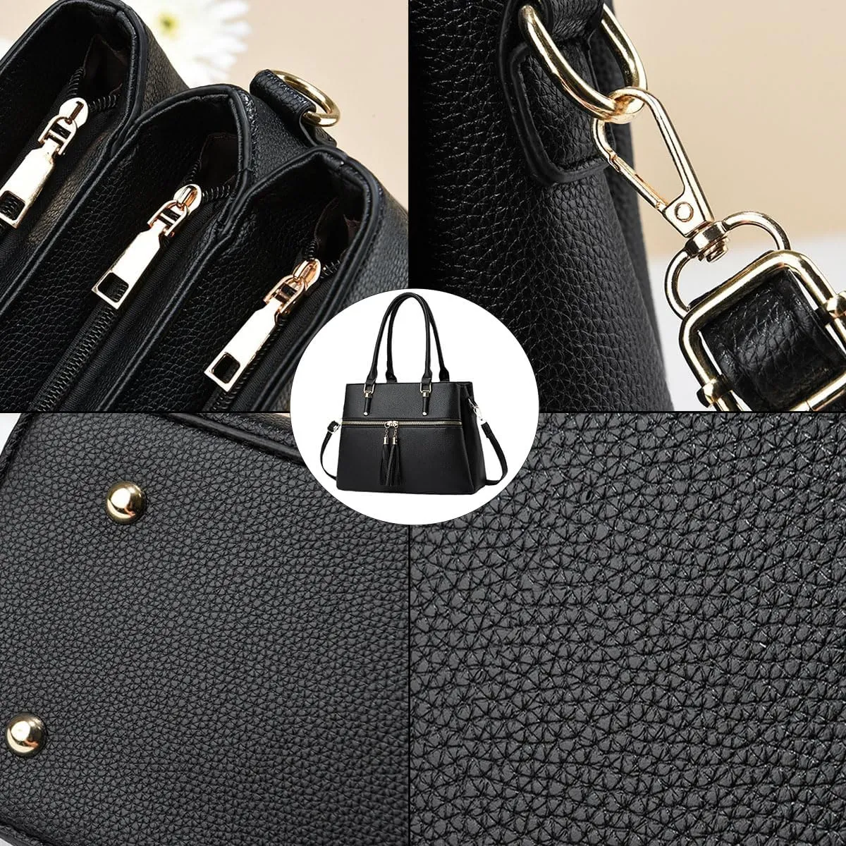 Women Tassels Satchel Bag Top-Handle Bag Shoulder Handbag and Purse Pockets Zipper Leather Crossbody Bag Tote