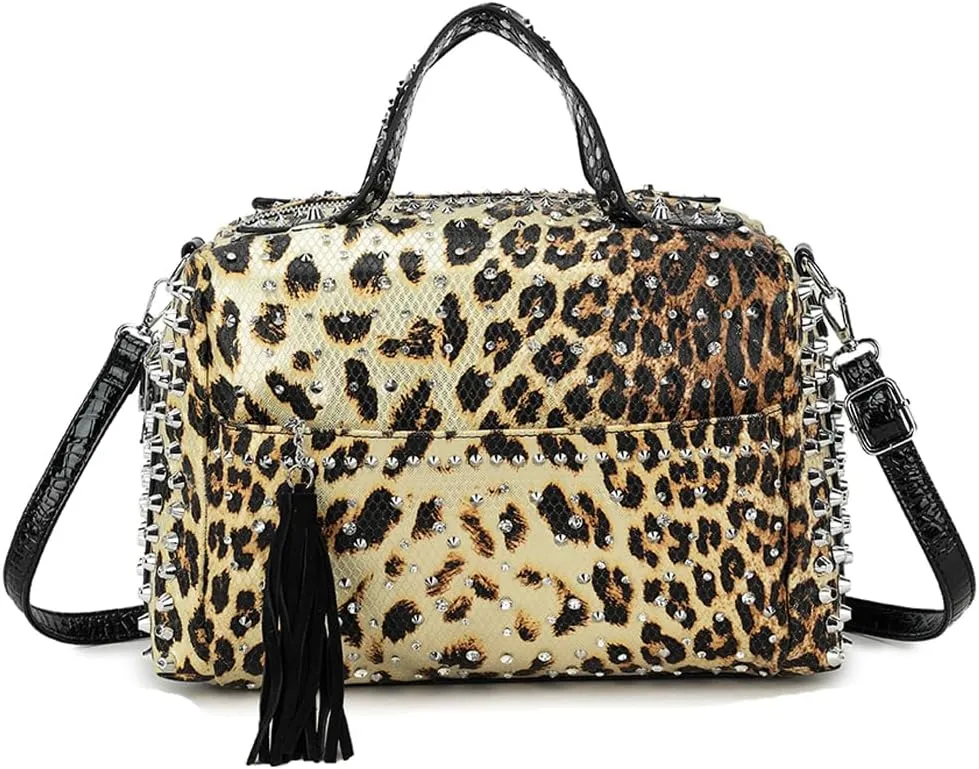 Women Tote Bags Top Handle Handbags Snake Print PU Leather Boston Bag Rivet Satchel Purse Shoulder Bag Weekend Bag-Black