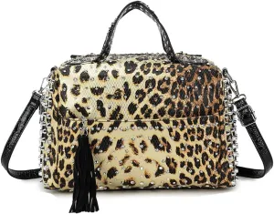 Women Tote Bags Top Handle Handbags Snake Print PU Leather Boston Bag Rivet Satchel Purse Shoulder Bag Weekend Bag-Black