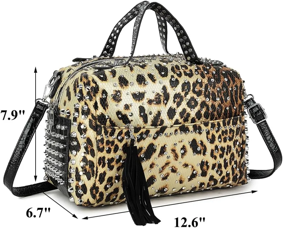 Women Tote Bags Top Handle Handbags Snake Print PU Leather Boston Bag Rivet Satchel Purse Shoulder Bag Weekend Bag-Black
