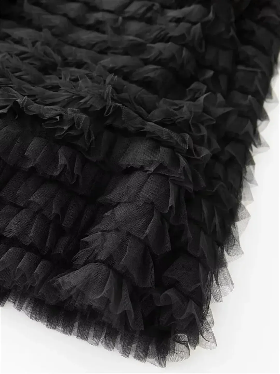 Women Tulle Dress Crew Neck Hollow Out Long Sleeve Solid A-Line Party Long Cake Dresses