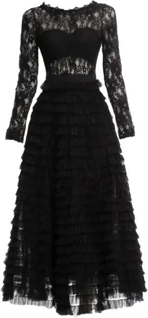 Women Tulle Dress Crew Neck Hollow Out Long Sleeve Solid A-Line Party Long Cake Dresses