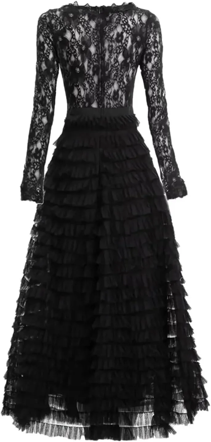 Women Tulle Dress Crew Neck Hollow Out Long Sleeve Solid A-Line Party Long Cake Dresses