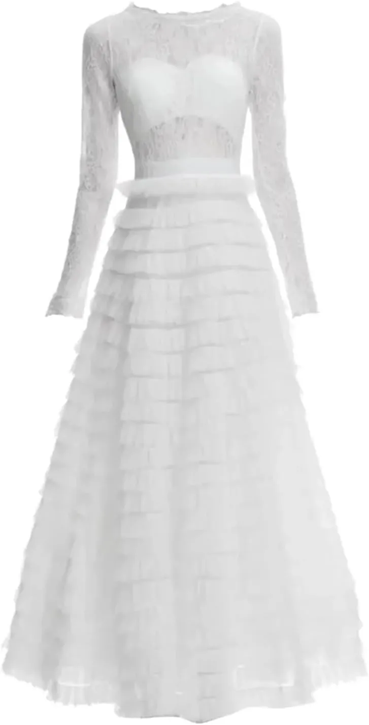 Women Tulle Dress Crew Neck Hollow Out Long Sleeve Solid A-Line Party Long Cake Dresses