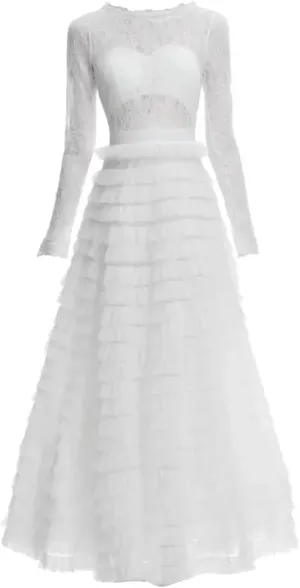 Women Tulle Dress Crew Neck Hollow Out Long Sleeve Solid A-Line Party Long Cake Dresses