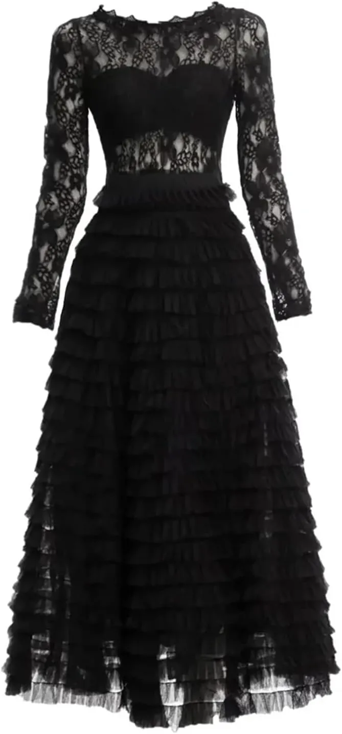Women Tulle Dress Crew Neck Hollow Out Long Sleeve Solid A-Line Party Long Cake Dresses