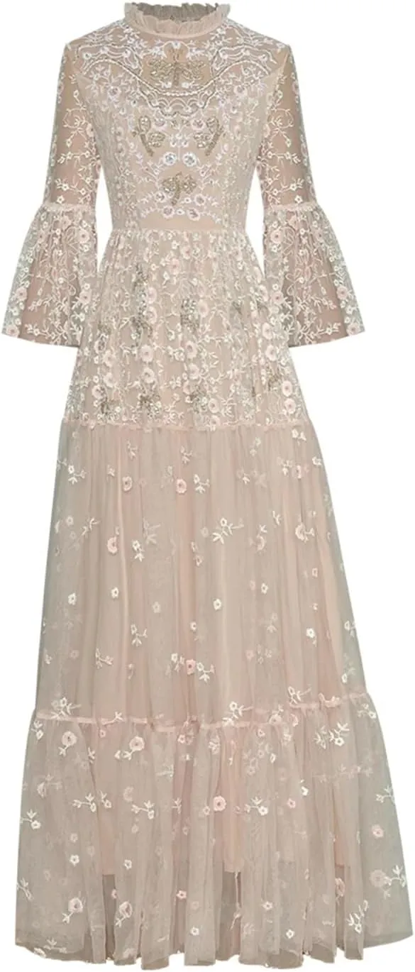 Women Tulle Dress Summer Dress 3/4 Flared Sleeves Sequins Embroidery Mesh Maxi Party Dresses