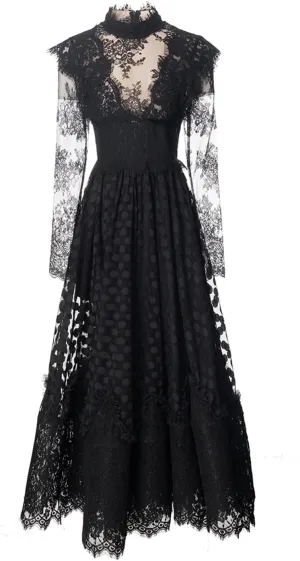 Women Tulle Dress Transparent Crew Neck Solid Vintage Splice Print Elastic Waist Lace Maxi Dress