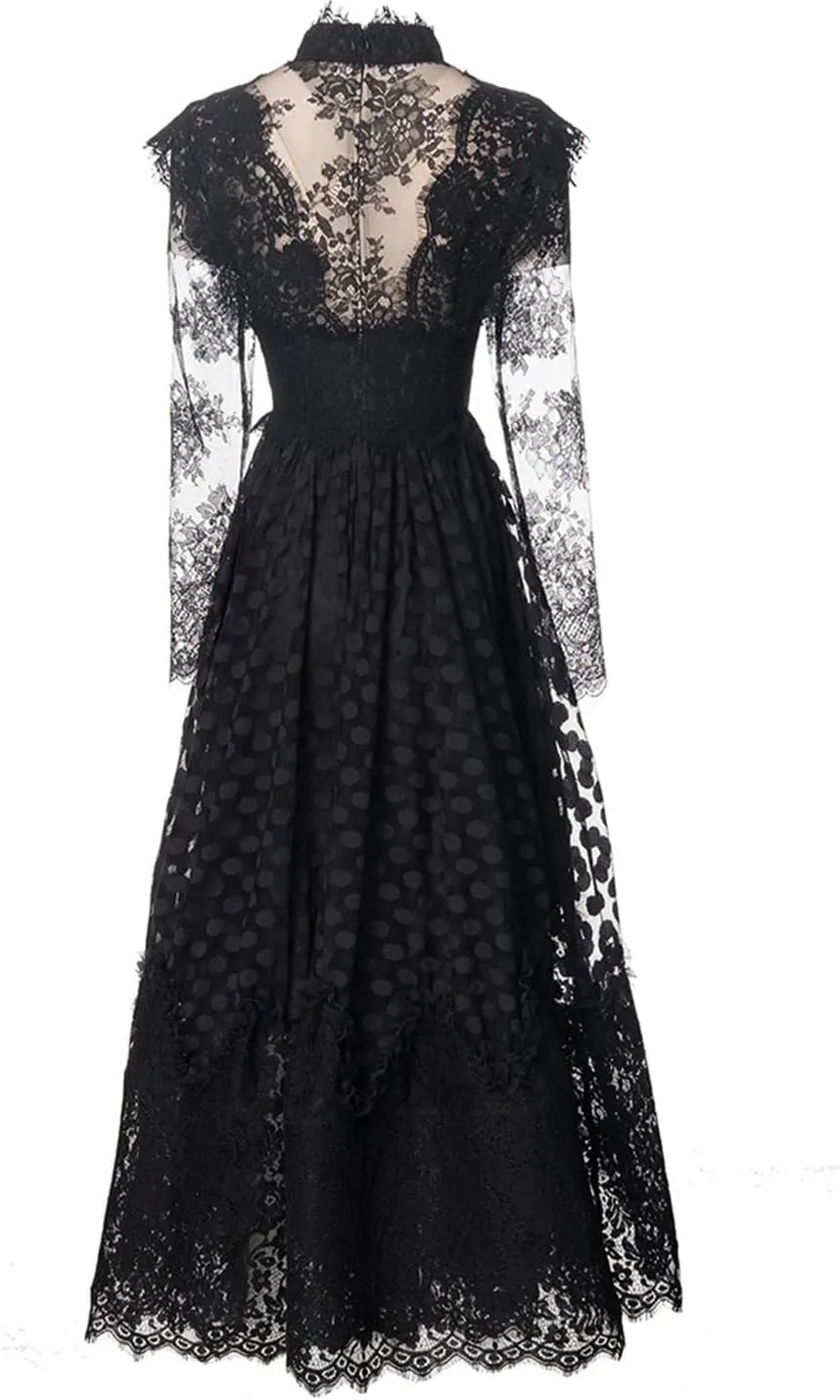 Women Tulle Dress Transparent Crew Neck Solid Vintage Splice Print Elastic Waist Lace Maxi Dress