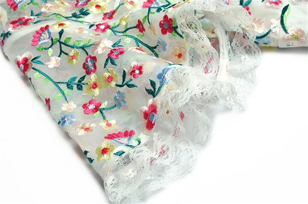 Women Tulle Floral Dress Vintage Lace Mesh Flower A-Line Embroidery Midi Dress