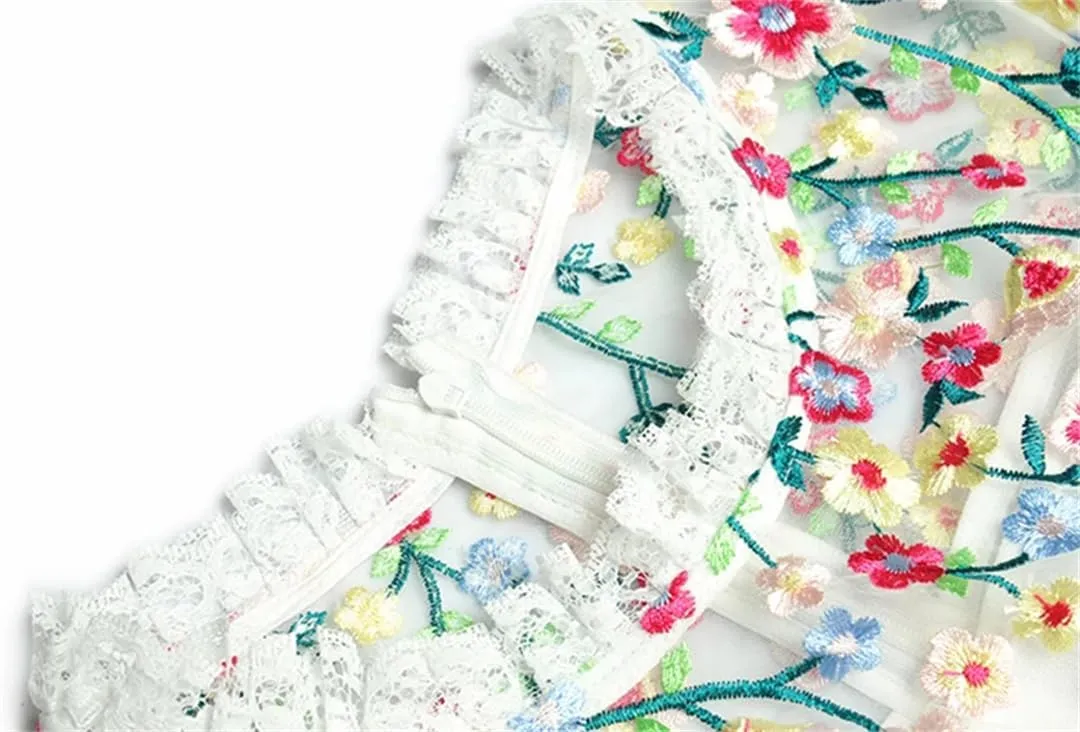 Women Tulle Floral Dress Vintage Lace Mesh Flower A-Line Embroidery Midi Dress