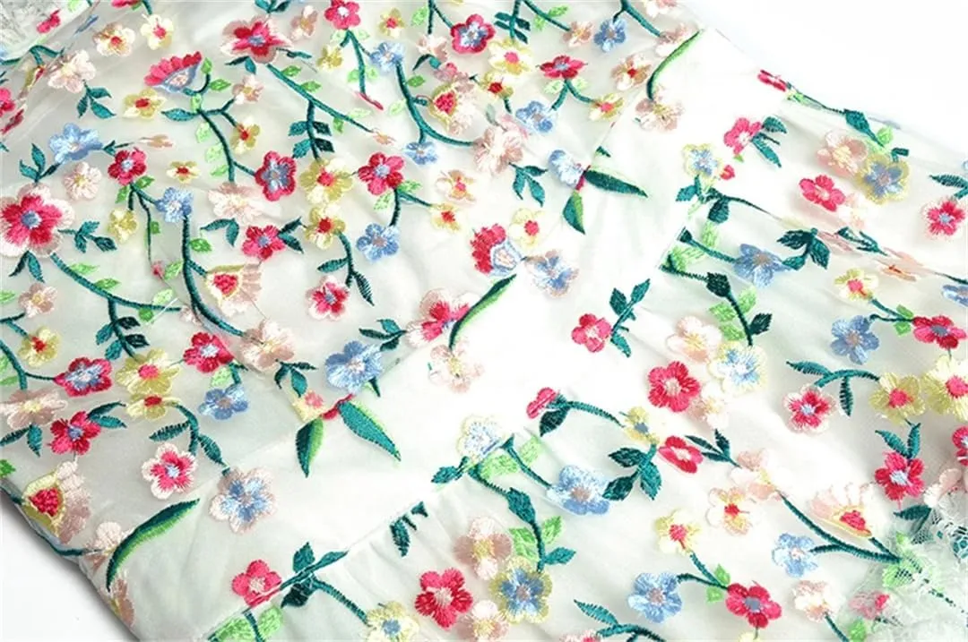Women Tulle Floral Dress Vintage Lace Mesh Flower A-Line Embroidery Midi Dress