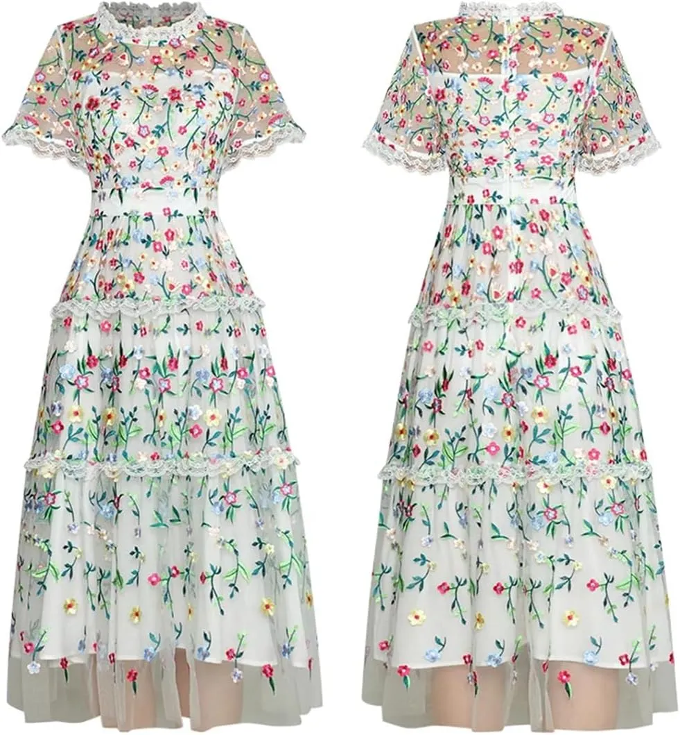 Women Tulle Floral Dress Vintage Lace Mesh Flower A-Line Embroidery Midi Dress