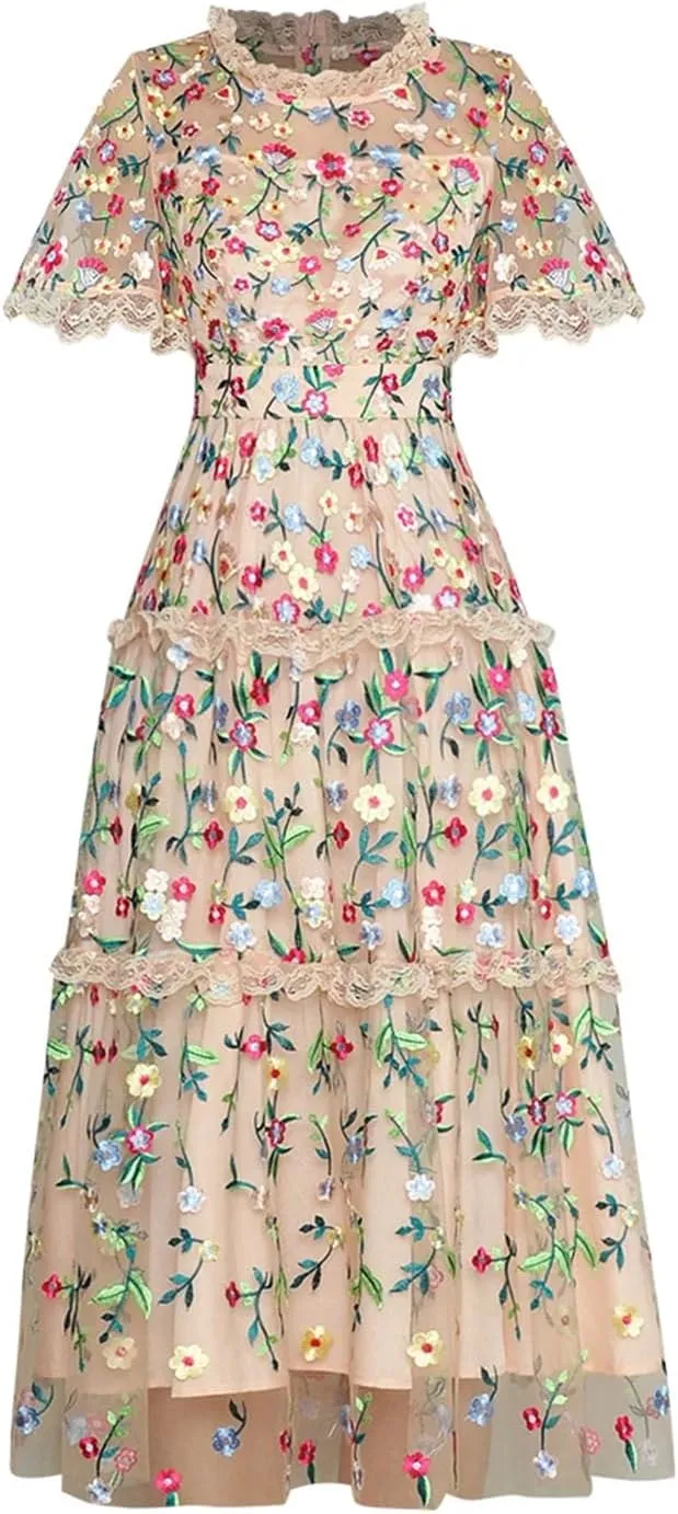 Women Tulle Floral Dress Vintage Lace Mesh Flower A-Line Embroidery Midi Dress
