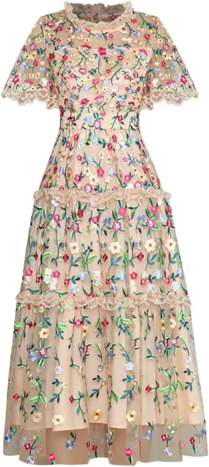 Women Tulle Floral Dress Vintage Lace Mesh Flower A-Line Embroidery Midi Dress