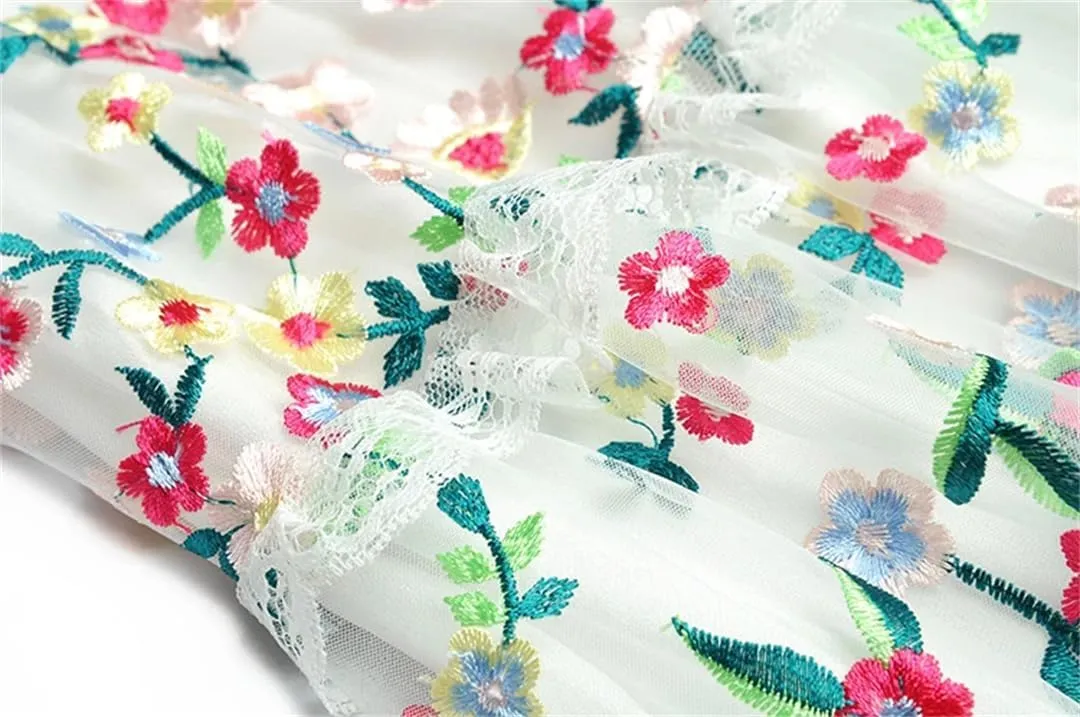 Women Tulle Floral Dress Vintage Lace Mesh Flower A-Line Embroidery Midi Dress