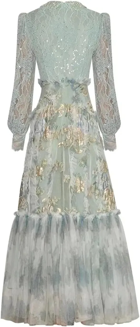 Women Tulle Print Summer Dress Lapel Long Sleeved Mesh Patchwork Lace Beading A-Line Dresses
