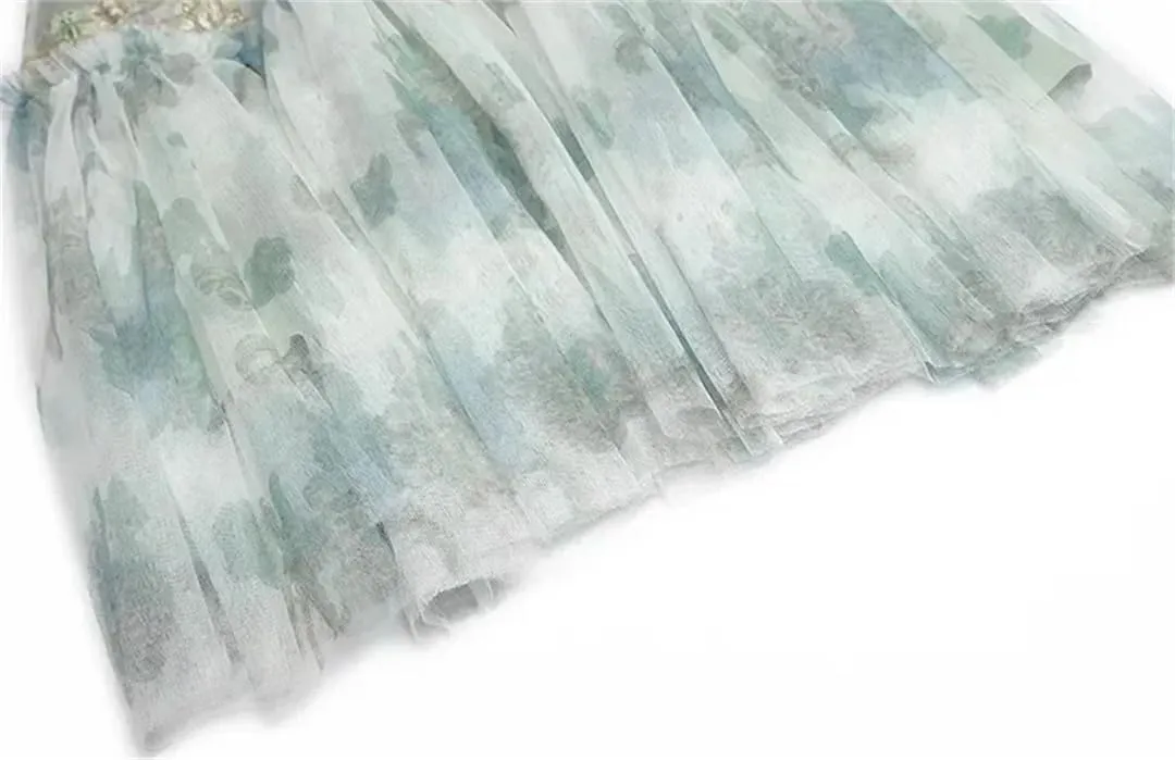 Women Tulle Print Summer Dress Lapel Long Sleeved Mesh Patchwork Lace Beading A-Line Dresses