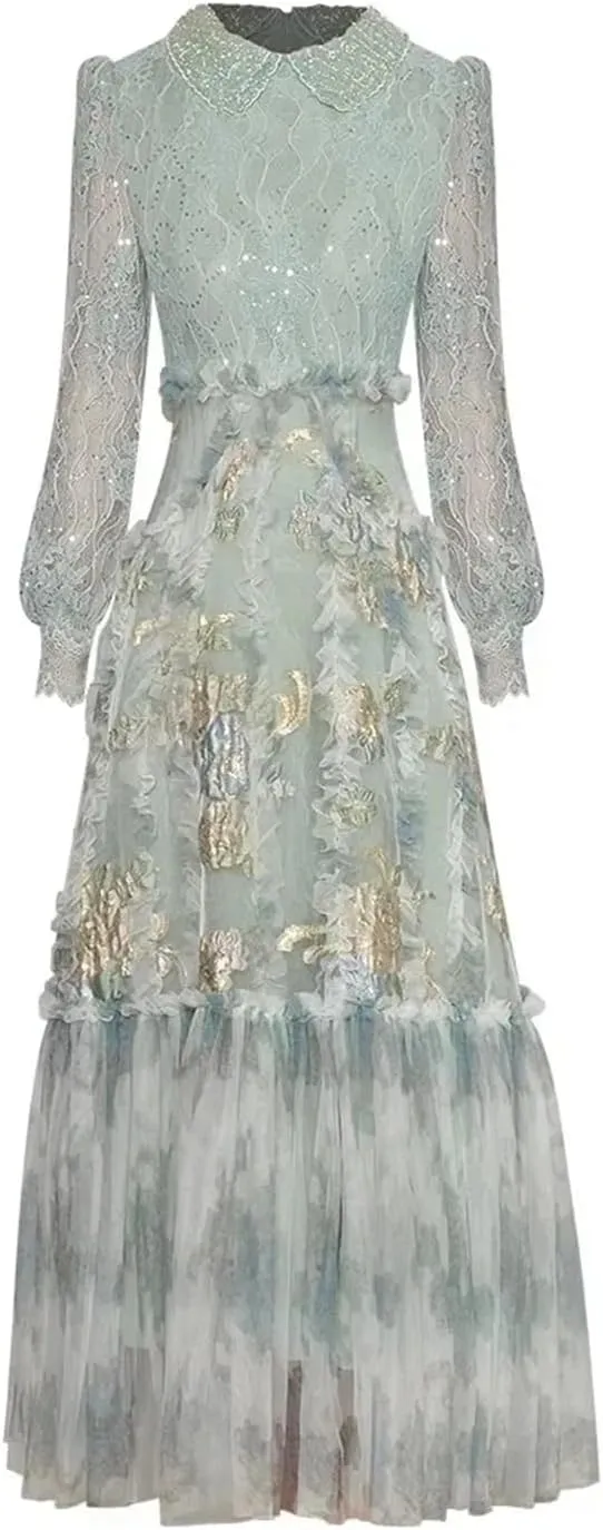 Women Tulle Print Summer Dress Lapel Long Sleeved Mesh Patchwork Lace Beading A-Line Dresses