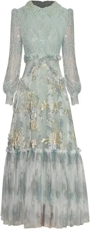 Women Tulle Print Summer Dress Lapel Long Sleeved Mesh Patchwork Lace Beading A-Line Dresses