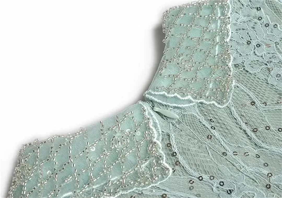 Women Tulle Print Summer Dress Lapel Long Sleeved Mesh Patchwork Lace Beading A-Line Dresses